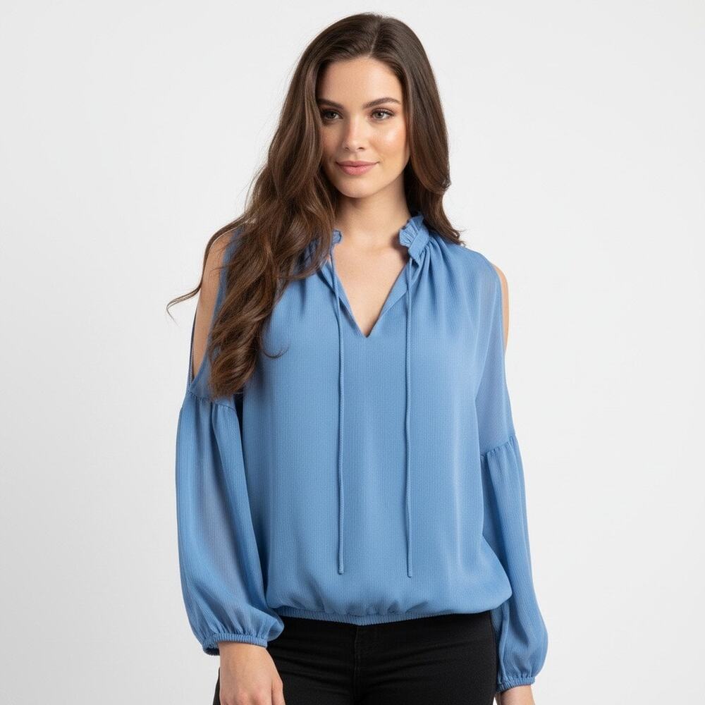 INC Sky Baby Blue Cold Shoulder Ruffle Peasant Long Sleeve Blouse Top Medium